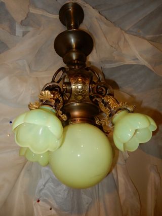 Arts & Crafts Nouveau Brass Fixture Chandelier w/ Vaseline Opalescent Shades 2