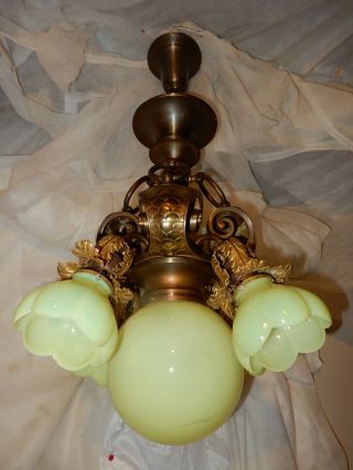 Arts & Crafts Nouveau Brass Fixture Chandelier w/ Vaseline Opalescent Shades 3