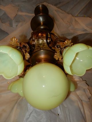 Arts & Crafts Nouveau Brass Fixture Chandelier w/ Vaseline Opalescent Shades 4