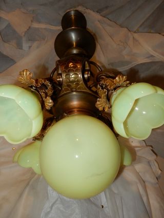 Arts & Crafts Nouveau Brass Fixture Chandelier w/ Vaseline Opalescent Shades 5