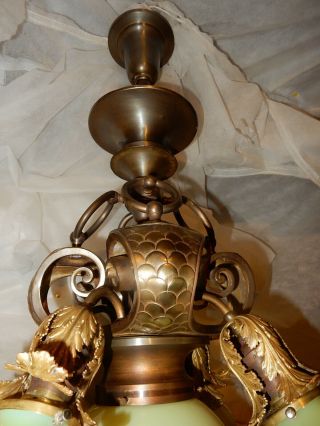 Arts & Crafts Nouveau Brass Fixture Chandelier w/ Vaseline Opalescent Shades 7