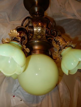 Arts & Crafts Nouveau Brass Fixture Chandelier w/ Vaseline Opalescent Shades 8