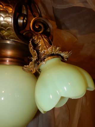 Arts & Crafts Nouveau Brass Fixture Chandelier w/ Vaseline Opalescent Shades 9