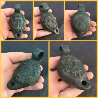 Rare Ancient Roman Bronze God Face Oil Lamp,  2nd To 4th Century Ad