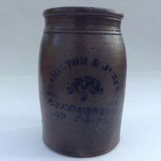 Pennsylvania Blue Cobolt decorated Stoneware Jar,  C 1870 Hamilton and Jones,  Gre 3
