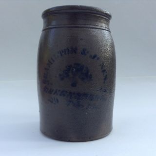 Pennsylvania Blue Cobolt decorated Stoneware Jar,  C 1870 Hamilton and Jones,  Gre 4