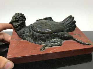 Rare Antique Signed Leonard French Bronze Resting Hen Bird Inkwell Ink Stand