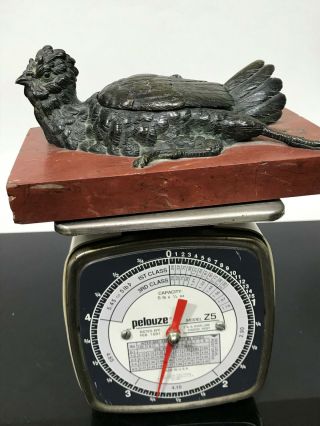 RARE Antique Signed LEONARD French Bronze Resting Hen Bird Inkwell Ink Stand 6