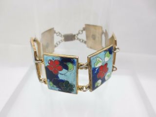 Vintage Robert Kuo Cloisonne Enamel Panel Bracelet Signed Floral Flowers Taiwan 10