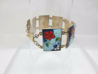 Vintage Robert Kuo Cloisonne Enamel Panel Bracelet Signed Floral Flowers Taiwan 11