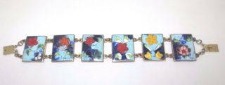 Vintage Robert Kuo Cloisonne Enamel Panel Bracelet Signed Floral Flowers Taiwan 2