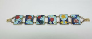 Vintage Robert Kuo Cloisonne Enamel Panel Bracelet Signed Floral Flowers Taiwan 4