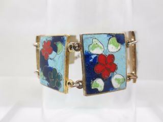 Vintage Robert Kuo Cloisonne Enamel Panel Bracelet Signed Floral Flowers Taiwan 7