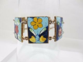 Vintage Robert Kuo Cloisonne Enamel Panel Bracelet Signed Floral Flowers Taiwan 8