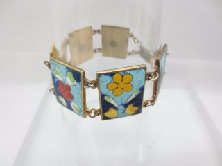 Vintage Robert Kuo Cloisonne Enamel Panel Bracelet Signed Floral Flowers Taiwan 9