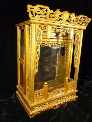Gorgeous 19th Century Asian Gilt Wood Shrine Cabinet W/ Old Glass