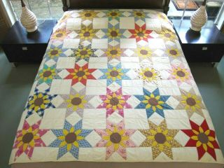 Stained Vintage Feed Sack Machine Quilted Missouri Daisy Quilt,  75 " X 62 "