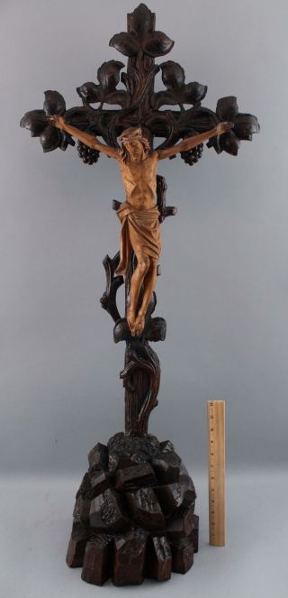 Large 43in.  Antique 19thc Hand Carved,  Black Forest,  Christian Crucifix Cross
