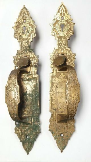Matched Pair Vintage Antique Victorian Brass Thumb Latch Door Handle Pulls