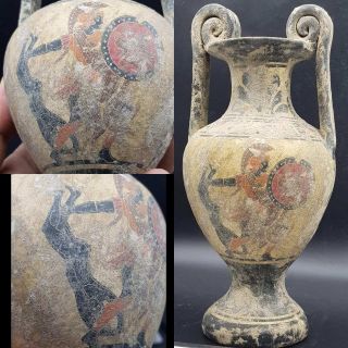 18x9 Cm Old Unique Greek Roman Painted Ceramic Pottery Jar 22
