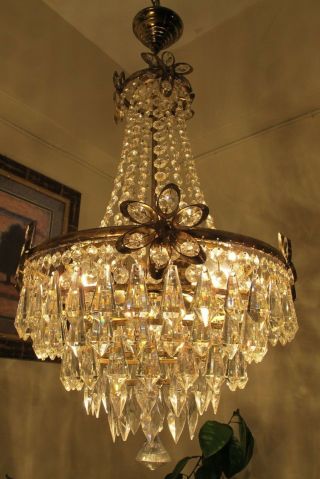 Antique Vnt.  Big French Basket Style Crystal Chandelier Light Lamp 1960 