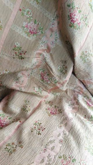 EXQUISITE PANEL ANTIQUE FRENCH SILK BROCADE ROSES & RIBBONS 19th century 12