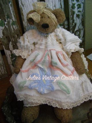 Primitive Teddy Bear Doll Large,  Vintage Chenille,  Rhinestone Folk Art Teddy Bear