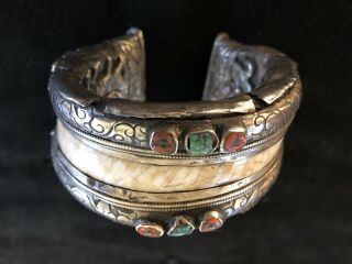 Price Tibetan Bone Cuff With Silver Engraving,  Coral And Turquoise