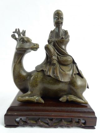 Antique Chinese Cast Bronze Censer Of Shoulao Seated On A Deer Qing Dynasty