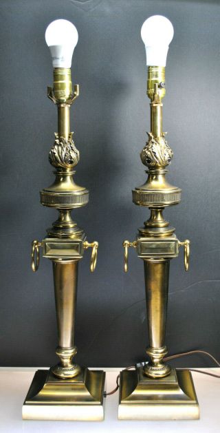 Pair - Antique " Tommi Parzinger " Designed Stiffel Torch Style Brass Table Lamps