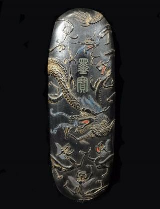 Rare Antique Chinese Hand Carving Dragons Black Ink Stick " Wangjinqing "