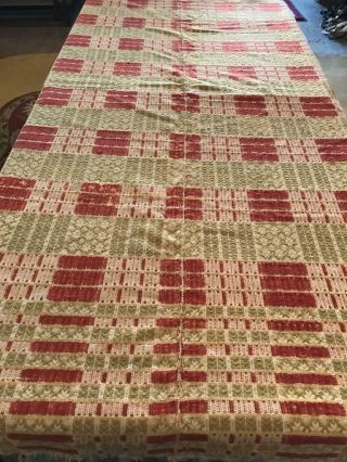 Antique Woven Wool Coverlet Light Green & Red 76 X 82 "