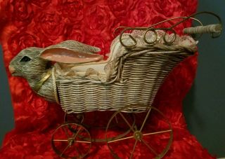 Adorable Vintage Wicker Doll Buggy/stroller With Handpainted,  Rabbit Head.