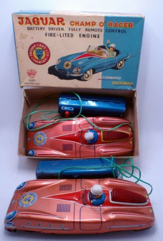 2 Jaguar Race Cars D / E Type Aoshin Asc Japan Vintage Tin Toys B/o