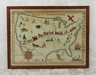 Incredible Vintage Embroidery Sampler 1954 History Of Transportation Usa Map