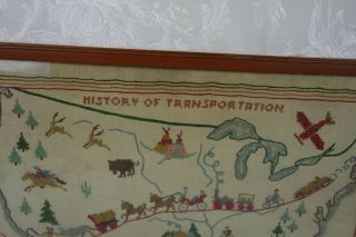 Incredible Vintage Embroidery Sampler 1954 History of Transportation USA Map 2