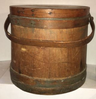 Huge Antique Primitive Wooden Firkin Old Paint W/lid Aafa Shaker Style Bucket