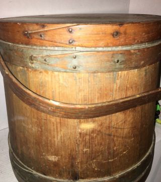 HUGE Antique Primitive Wooden Firkin Old Paint W/Lid AAFA Shaker Style Bucket 2