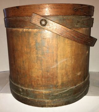 HUGE Antique Primitive Wooden Firkin Old Paint W/Lid AAFA Shaker Style Bucket 5