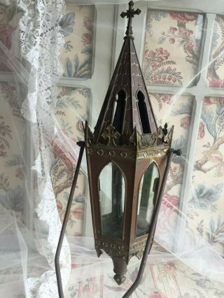 Antique French Gothic Copper Glass Church Procession Lantern Wall Sconce Light