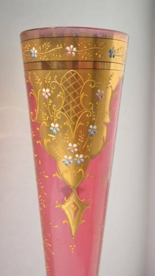 Antique Cranberry Glass Vase Gilt Decor Late 19th Century Victorian Hand Painted