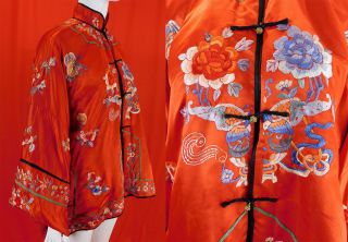Antique Chinese Red Silk Colorful Embroidered Peony Butterfly Robe Jacket Vtg 2