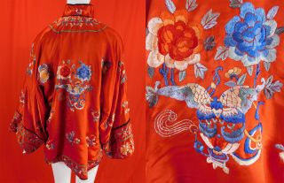 Antique Chinese Red Silk Colorful Embroidered Peony Butterfly Robe Jacket Vtg 3