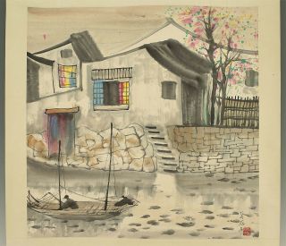 掛軸1967 Chinese Big Hanging Scroll " Waterside House And Boat " @b940