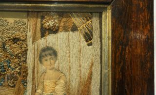 SMALL MID 19TH CENTURY SILK WORK OF A YOUNG GIRL WITH HER PET CAT - c.  1840 10