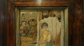 SMALL MID 19TH CENTURY SILK WORK OF A YOUNG GIRL WITH HER PET CAT - c.  1840 8