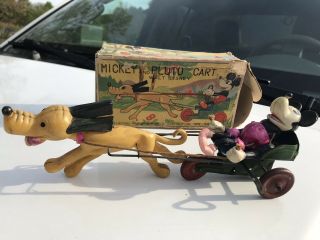 Rare Mickey And Pluto Cart Walt Disney Wind Up Toy