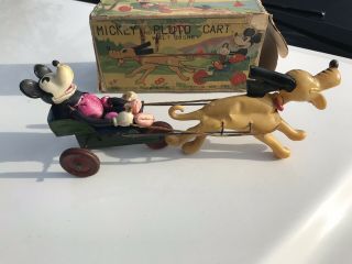 Rare Mickey And Pluto Cart Walt Disney Wind Up Toy 3