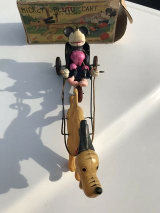 Rare Mickey And Pluto Cart Walt Disney Wind Up Toy 4
