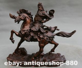 9.  6 " Chinese Bronze Ride Horse Dragon Warrior God Guan Gong Yu Hold Sword Statue